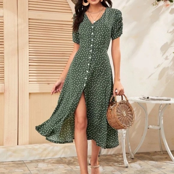 01 Boho floral print button up Puff Sleeve dress - Picture 8 of 8